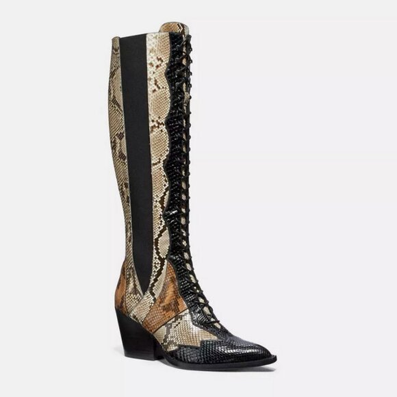 COACH Snakeskin Patchwork Lace Up Boots - Picture 1 of 11